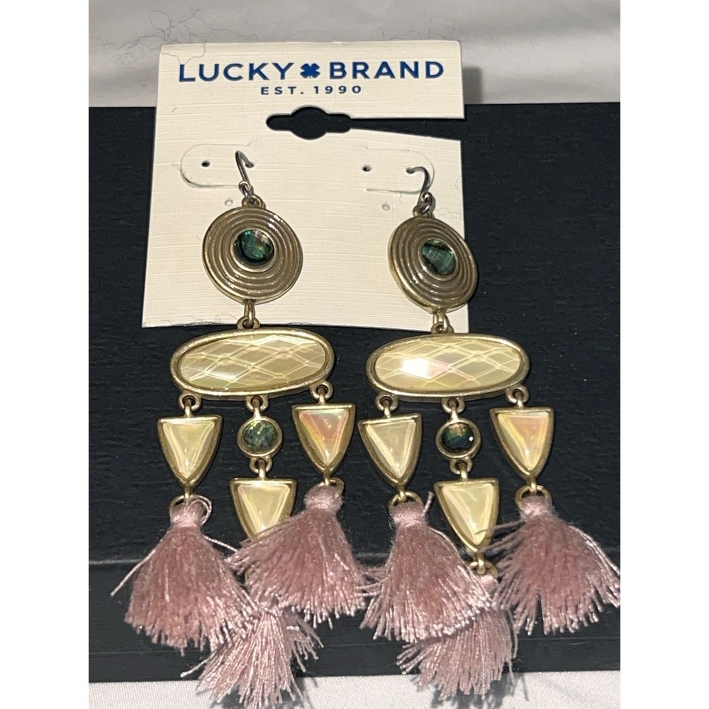 Lucky Brand Boho Chandelier Tassel Earrings Pink Gold Mother of Pearl Geometric